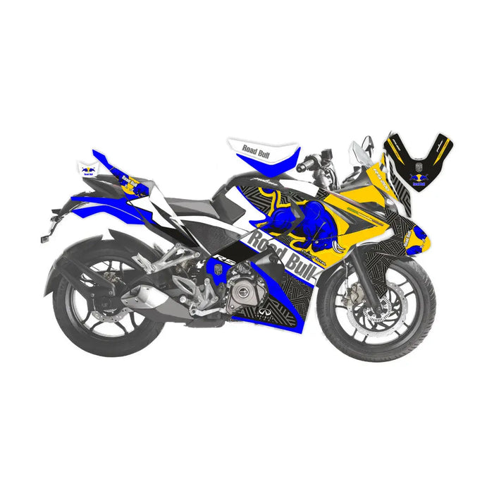 Bajaj Pulsar 2015 - 2022 RS200 Blue & Yellow Road Bull Sticker Kit Decal Wrap Set Bikerz Kingdom