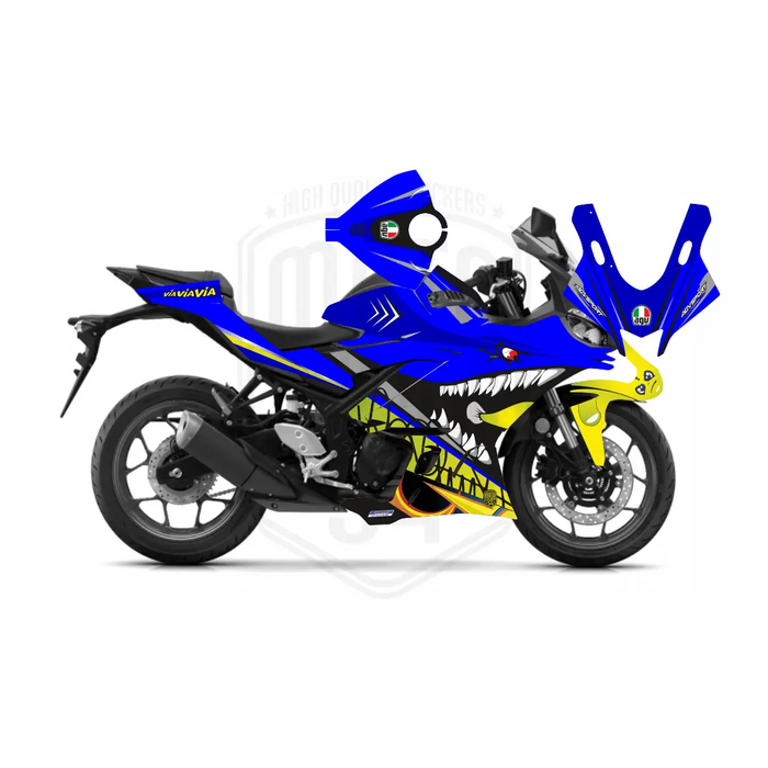 Yamaha Blue Rossi Shark Graphic Sticker Decal Wrap Kit Fits Yamaha R3 R25 2014-2022 Bikerz Kingdom